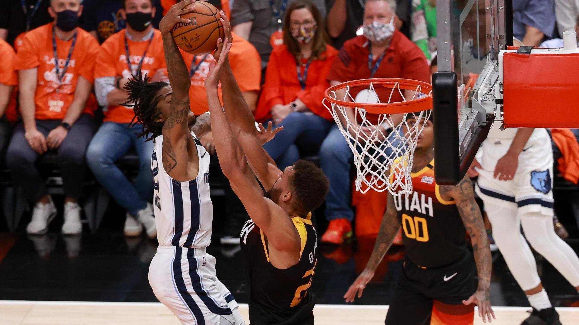 Gobert Emphatically Sends Back The Morant Dunk Attempt Watch Espn