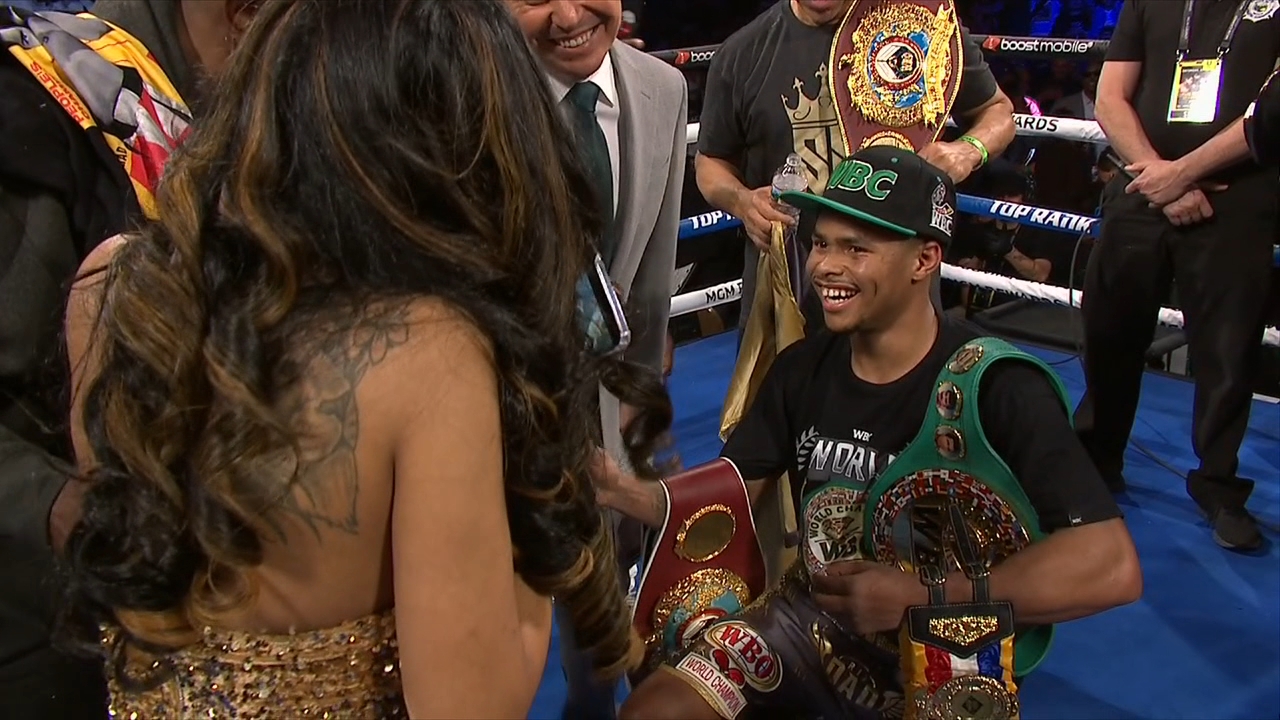 Shakur Stevenson proposes in the ring following his win over Oscar Valdez - Stream the Video