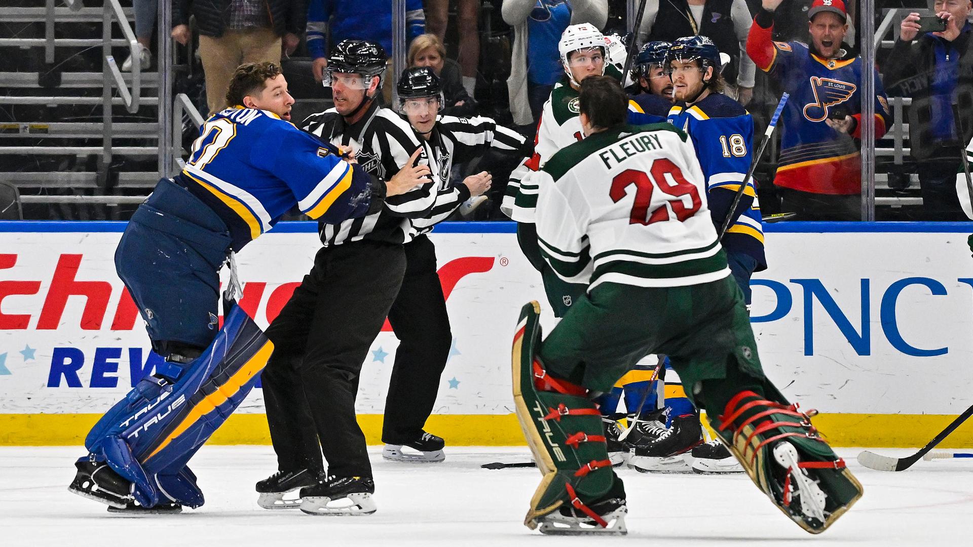 Jordan Binnington gets ejected for sparking a scrum after the Wild's