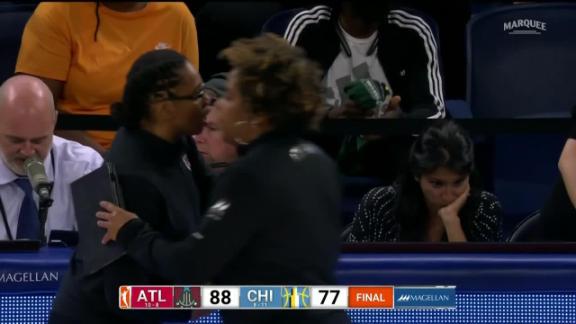 COLLEGE PARK, GA – JUNE 03: Chicago players huddle following the conclusion  of the WNBA game between the Chicago Sky and the Atlanta Dream on June 3rd,  2022 at Gateway Center Arena