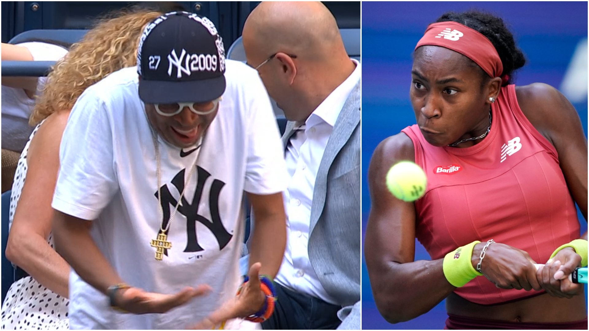 A Coco Gauff smash nearly hits Spike Lee