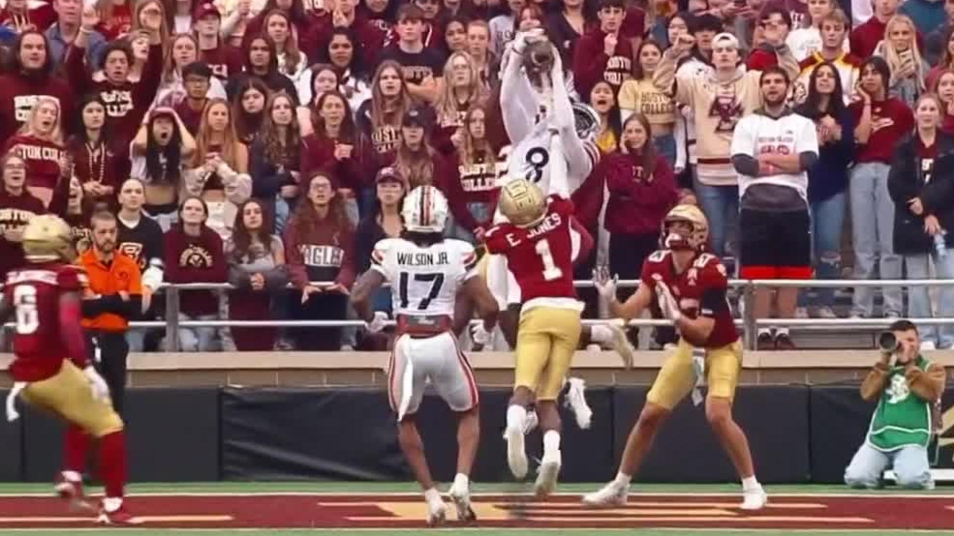 Malachi Fields climbs the ladder for an incredible TD grab