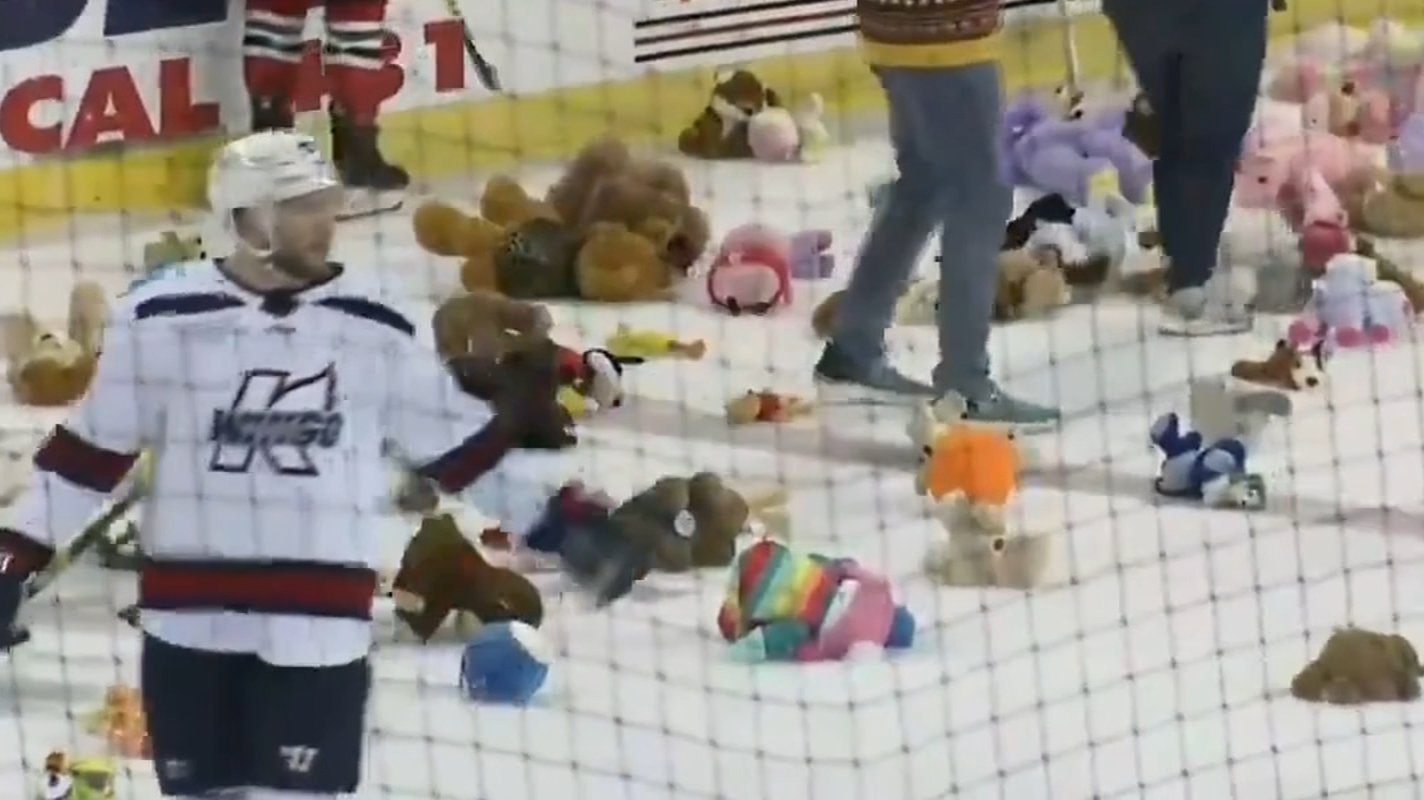 Whoops! Hockey fans prematurely throw teddy bears on ice