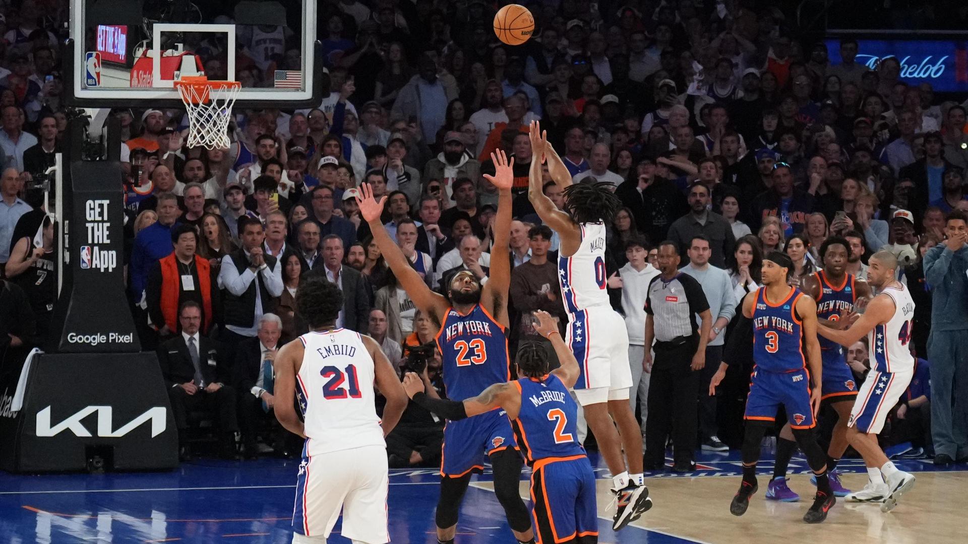 Tyrese Maxey swishes logo 3 to send Knicks-Sixers to OT