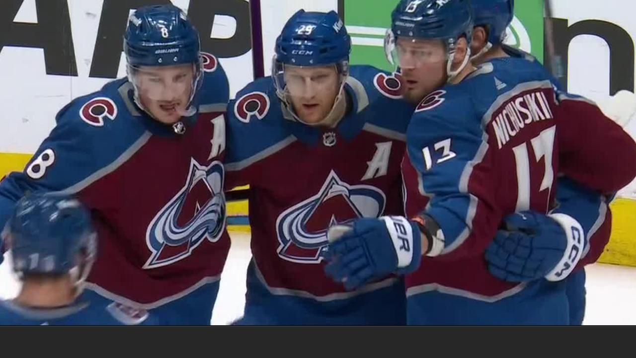 Mikko Rantanen taps in the rebound to tie things up for the Avs
