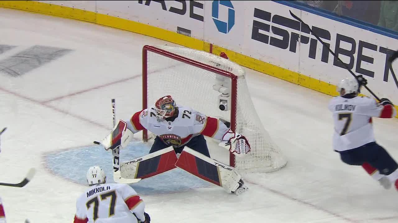 Sergei Bobrovsky punches puck away to prevent Rangers from scoring