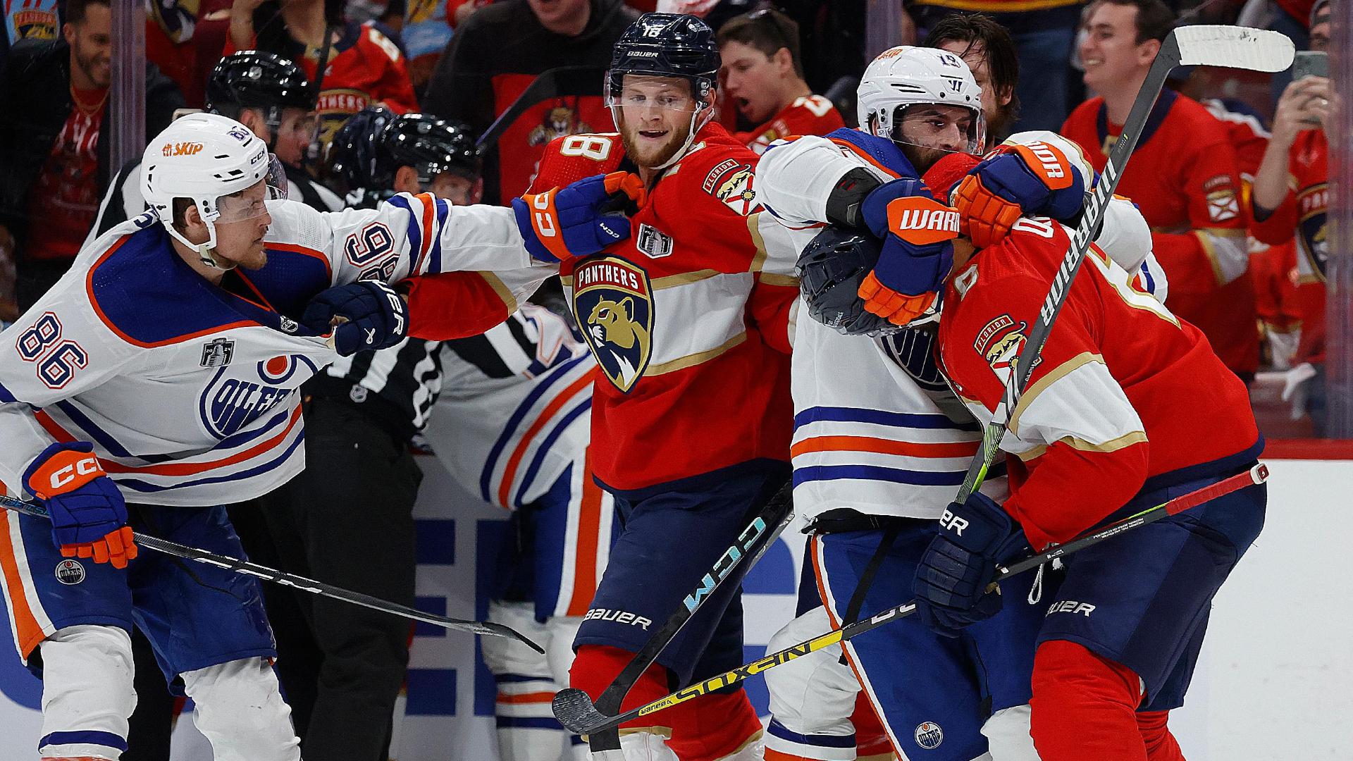 Scuffle breaks out after post-whistle shot from Oilers