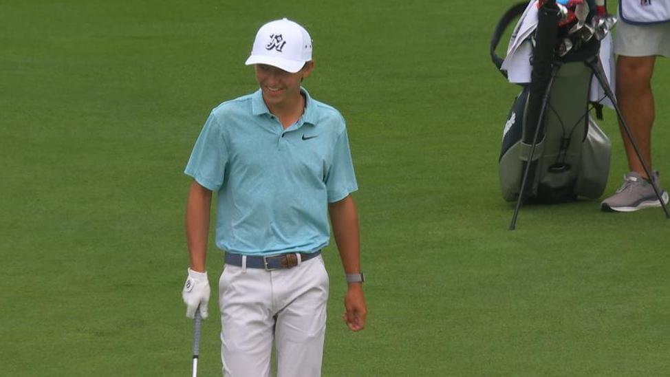 15-year-old Miles Russell chips in for birdie