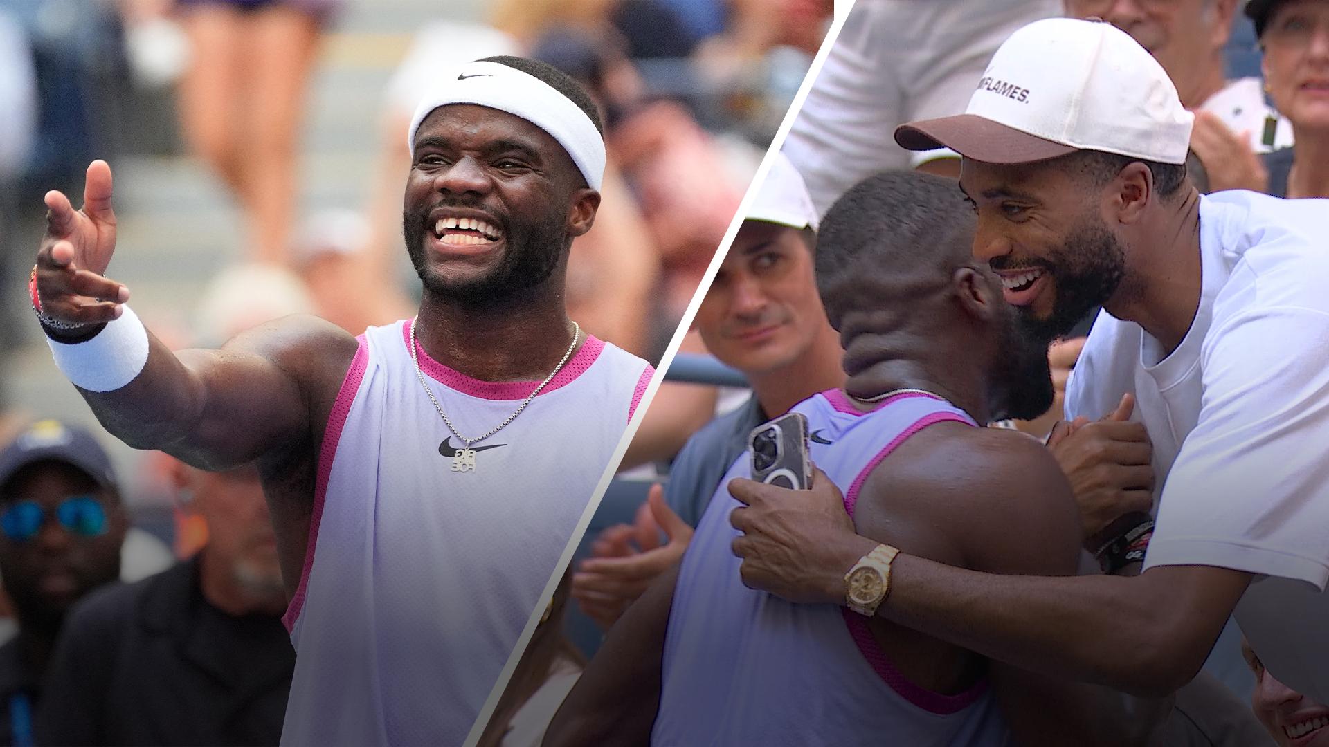 Frances Tiafoe daps up Mikal Bridges after win at US Open