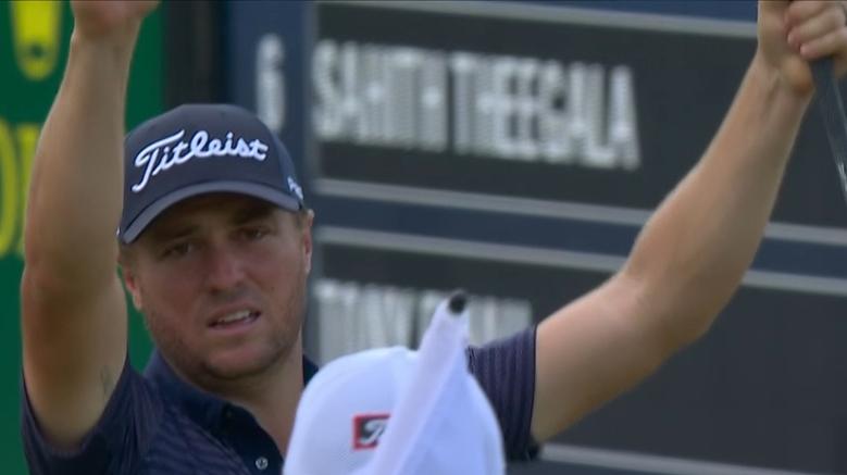 Justin Thomas has a sarcastic fist pump after chipping in for birdie