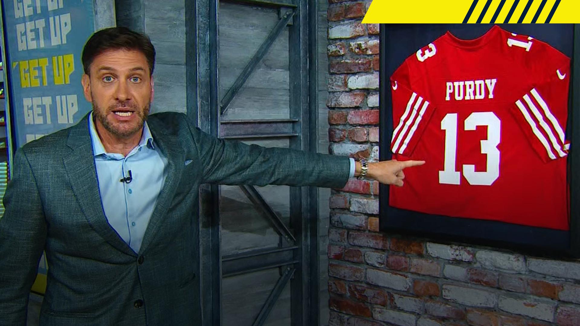 Greeny gets trolled with Purdy jersey in studio