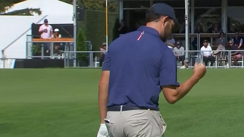 Patrick Cantlay fist bumps after chipping in for eagle