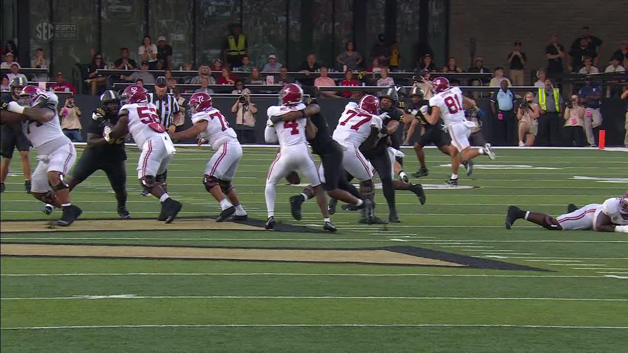 Vanderbilt comes up with the ball after strip sack of Jalen Milroe