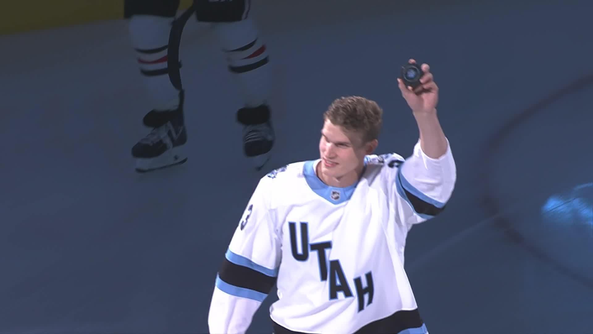 Lauri Markkanen skates out with Utah's ceremonial puck