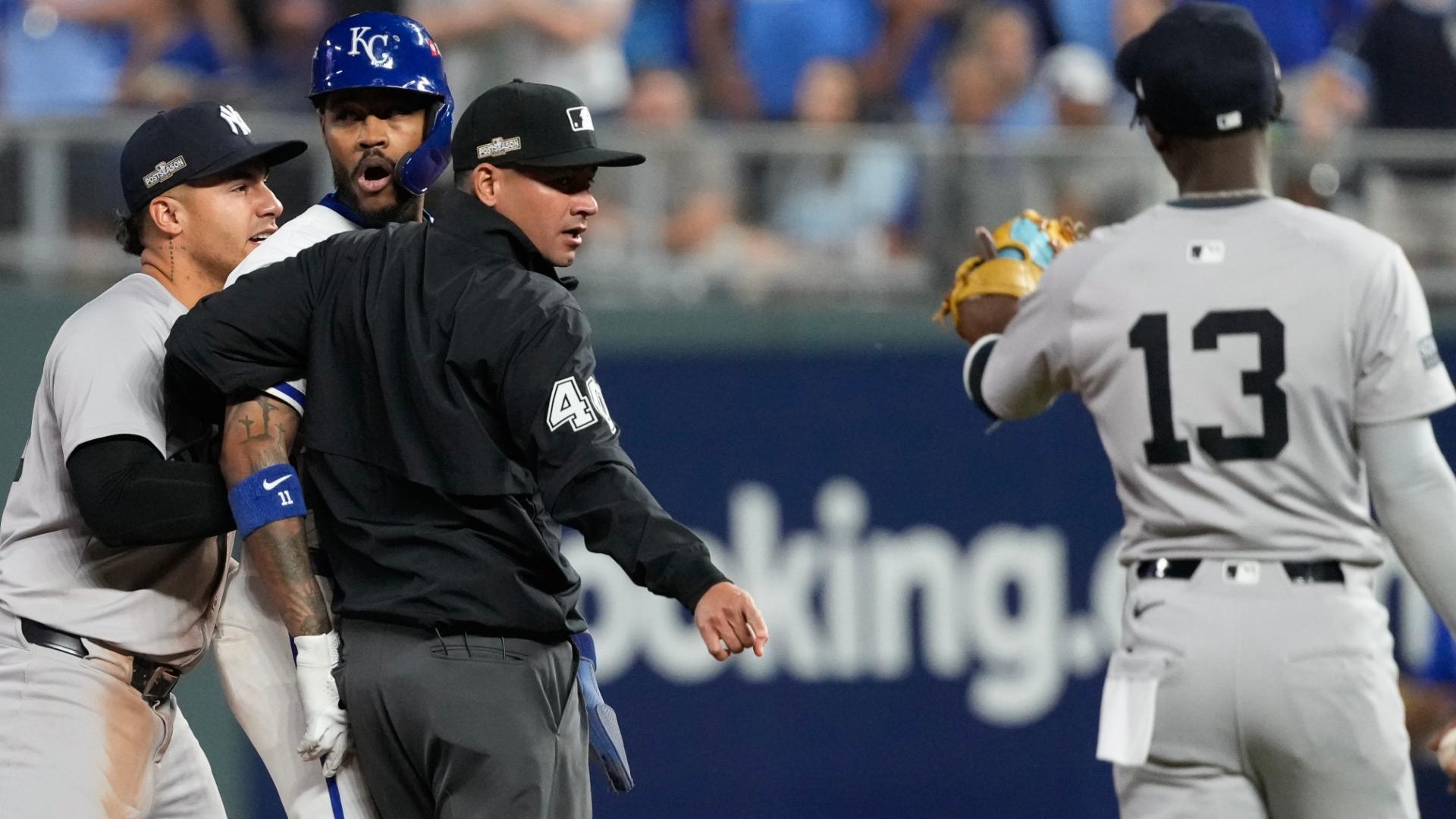 Benches clear between Yankees-Royals after tense double play