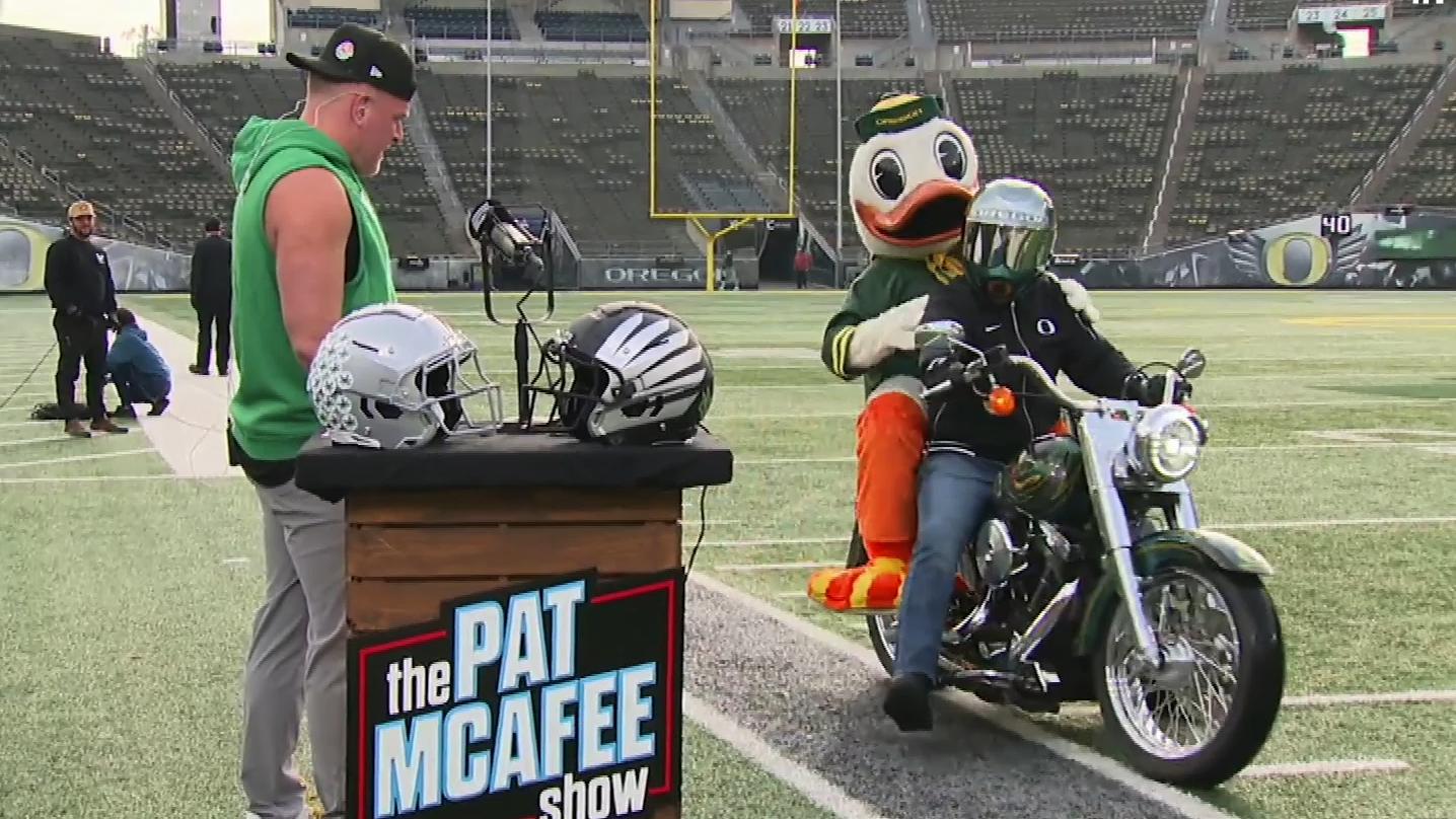 The Oregon Duck crashes 'The Pat McAfee Show' on a motorcycle