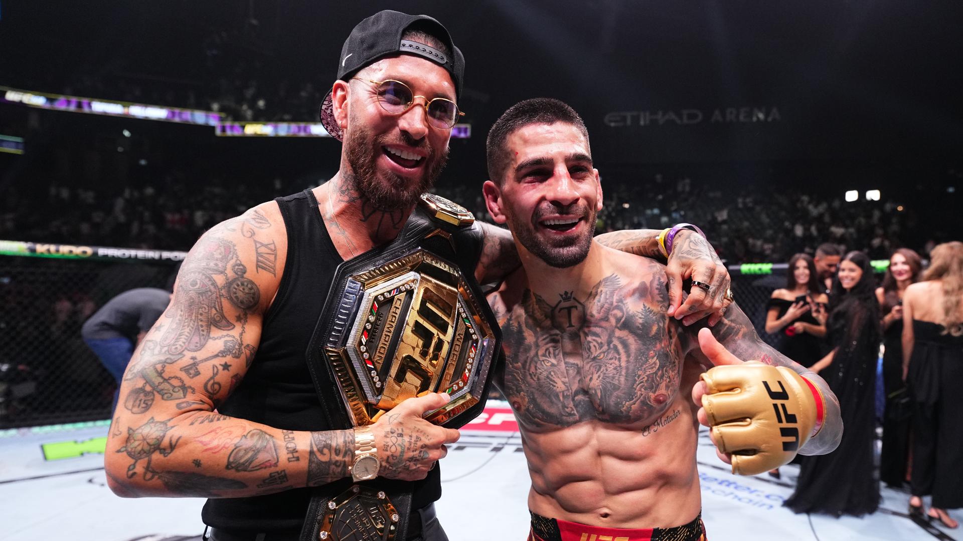 Ilia Topuria celebrates with Sergio Ramos after retaining featherweight belt