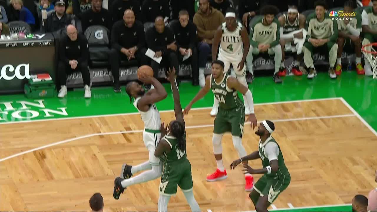 Jaylen Brown hits the 'too small' celly after big and-1