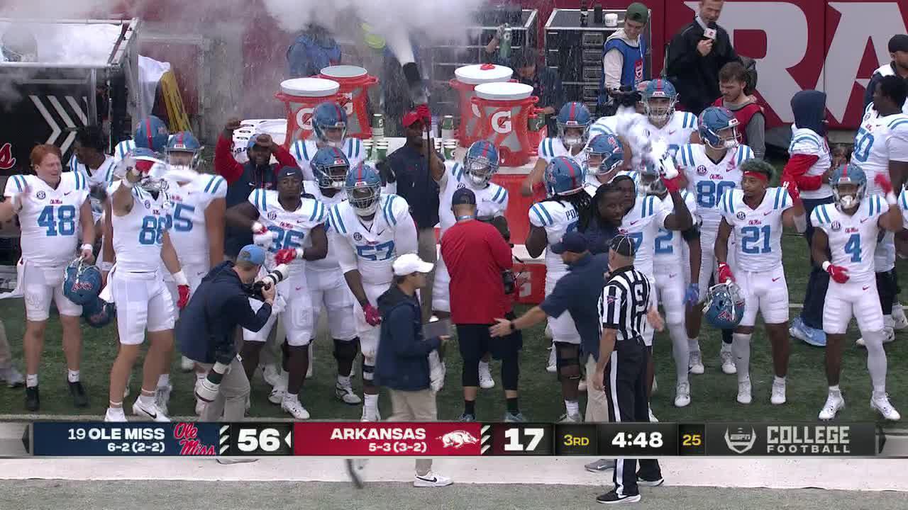 Ole Miss celebrates Jordan Watkins' 5th TD with a fire extinguisher on the sideline