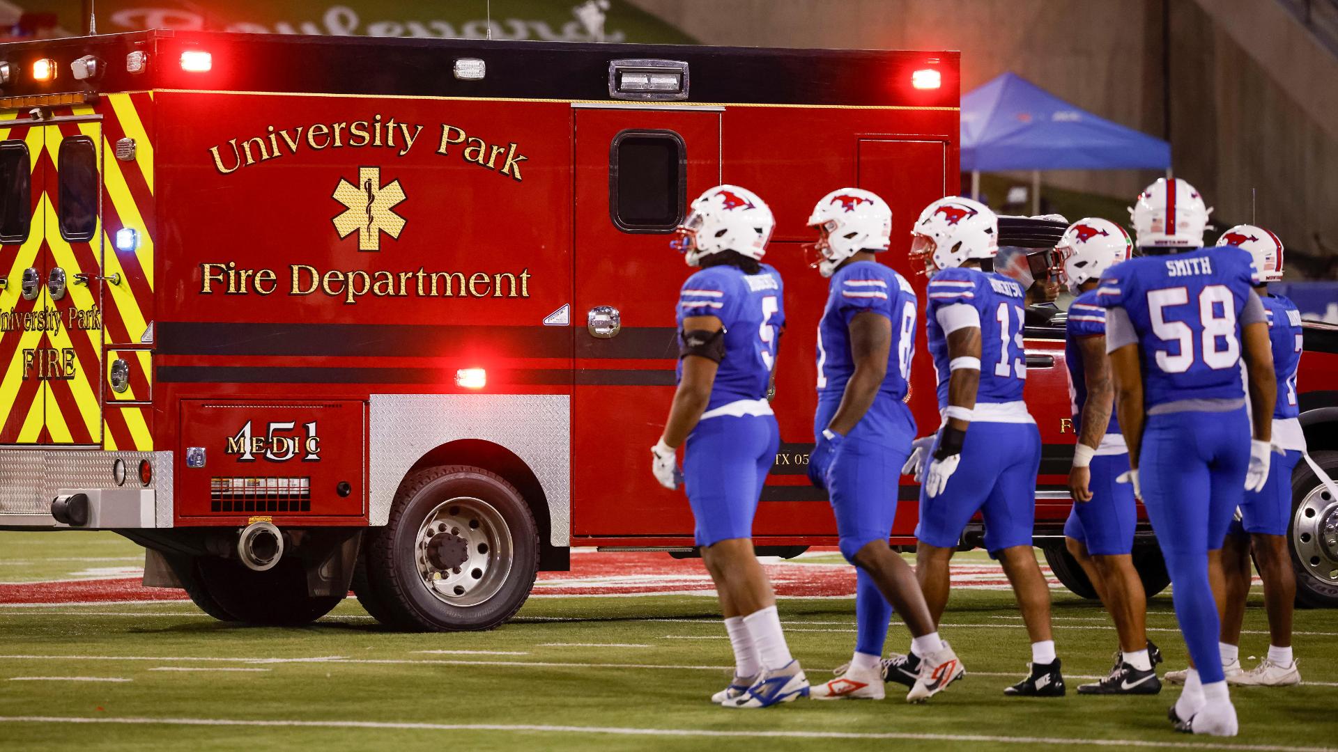 SMU's AJ Davis leaves field in an ambulance