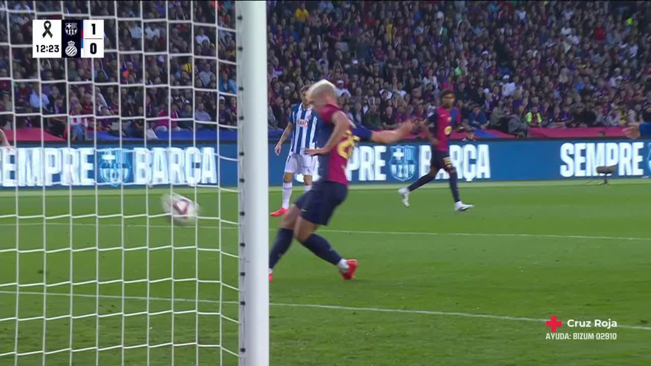 Dani Olmo slots in the goal for Barcelona