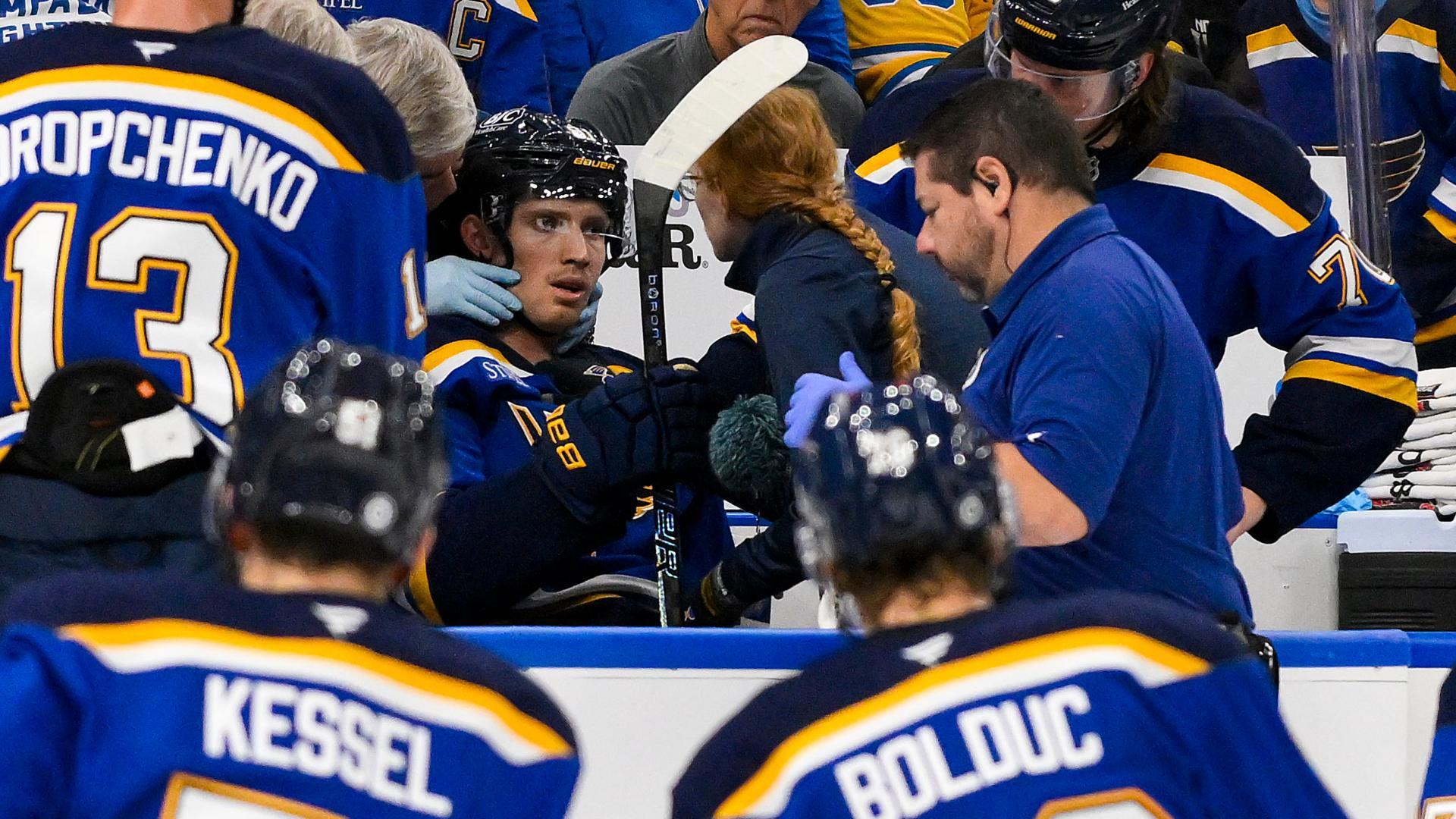 Dylan Holloway stretchered off after taking puck to neck area