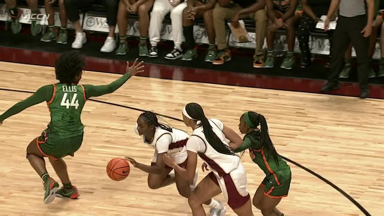 FSU's Ta'Niya Latson crosses defender for and-1 bucket