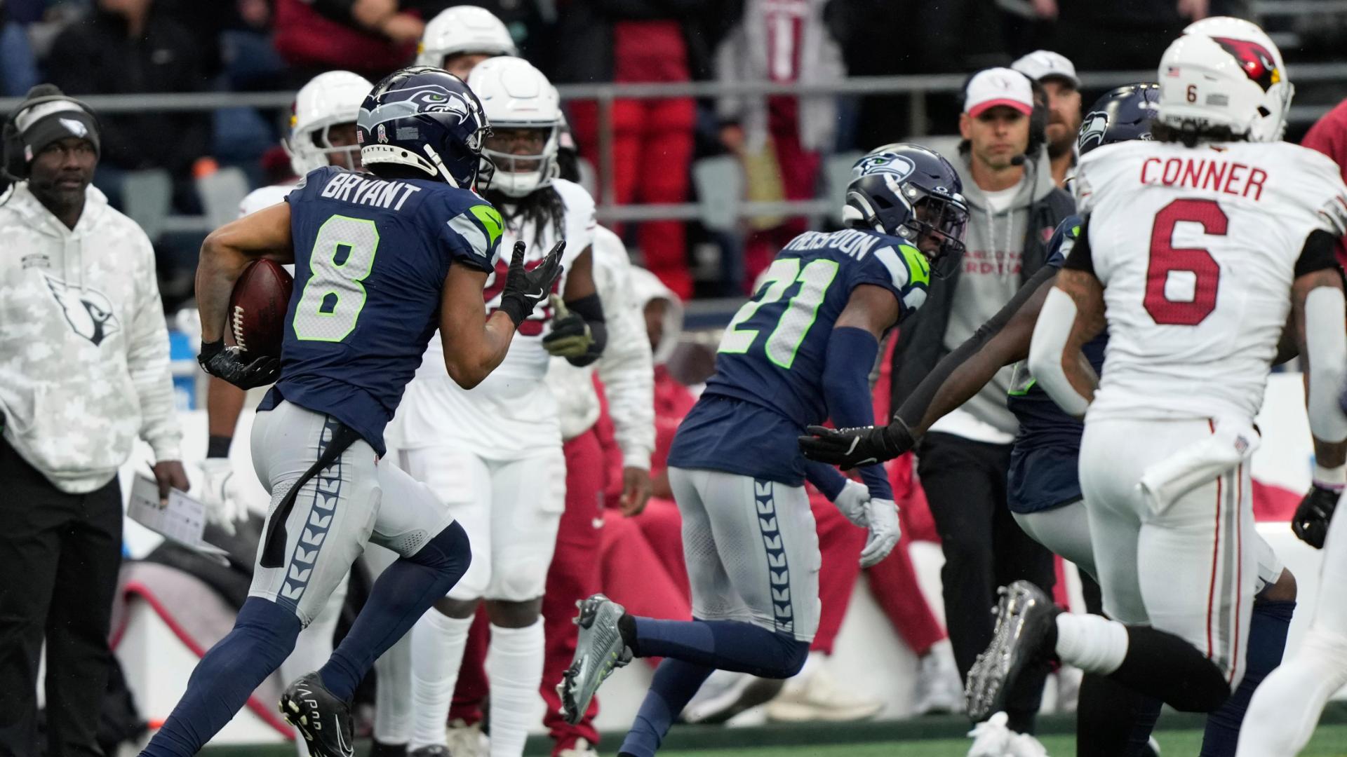 Coby Bryant does 'Beast Mode' celebration after 69-yard pick-six