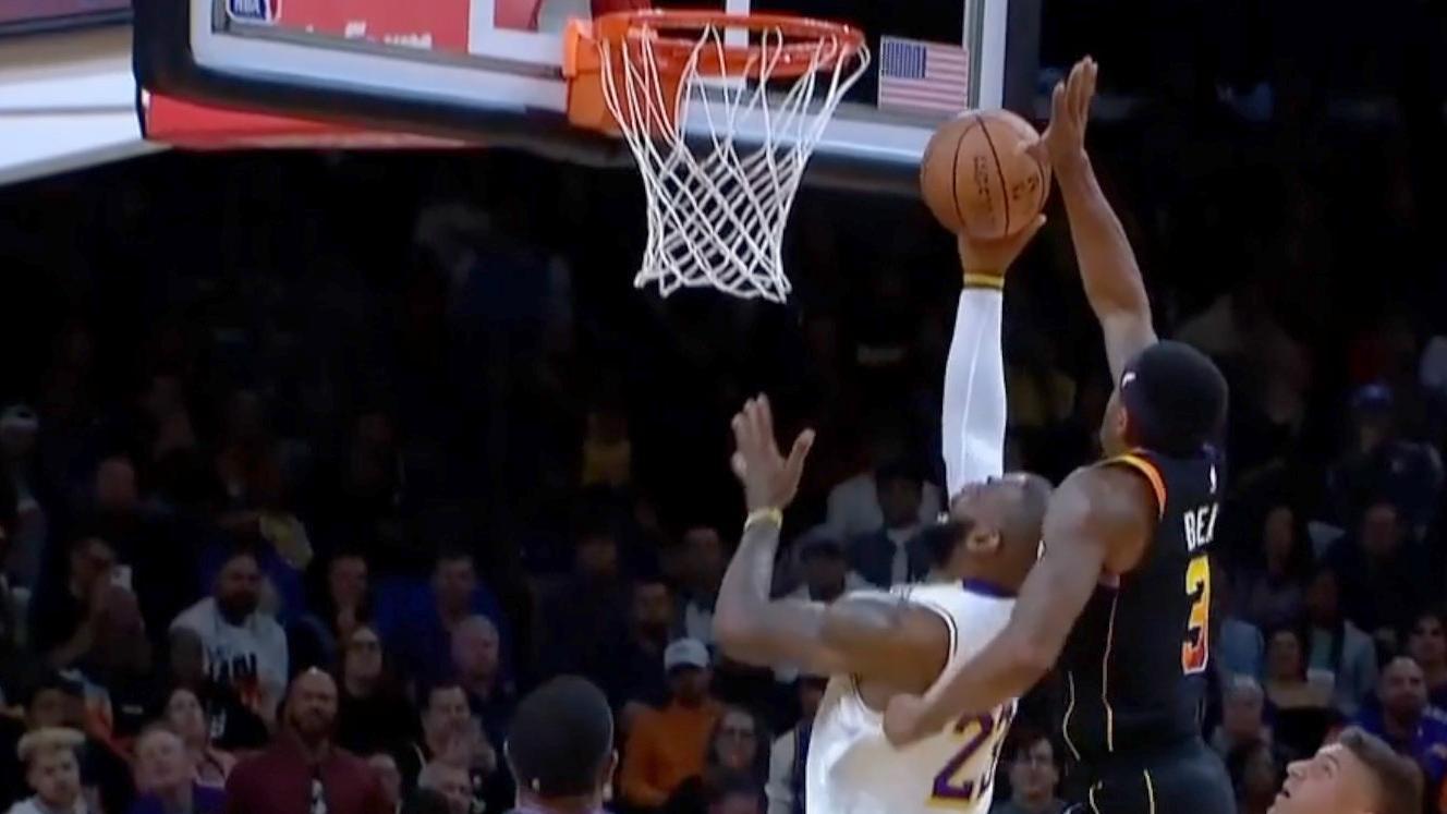 Beal emphatically stuffs LeBron at the rim