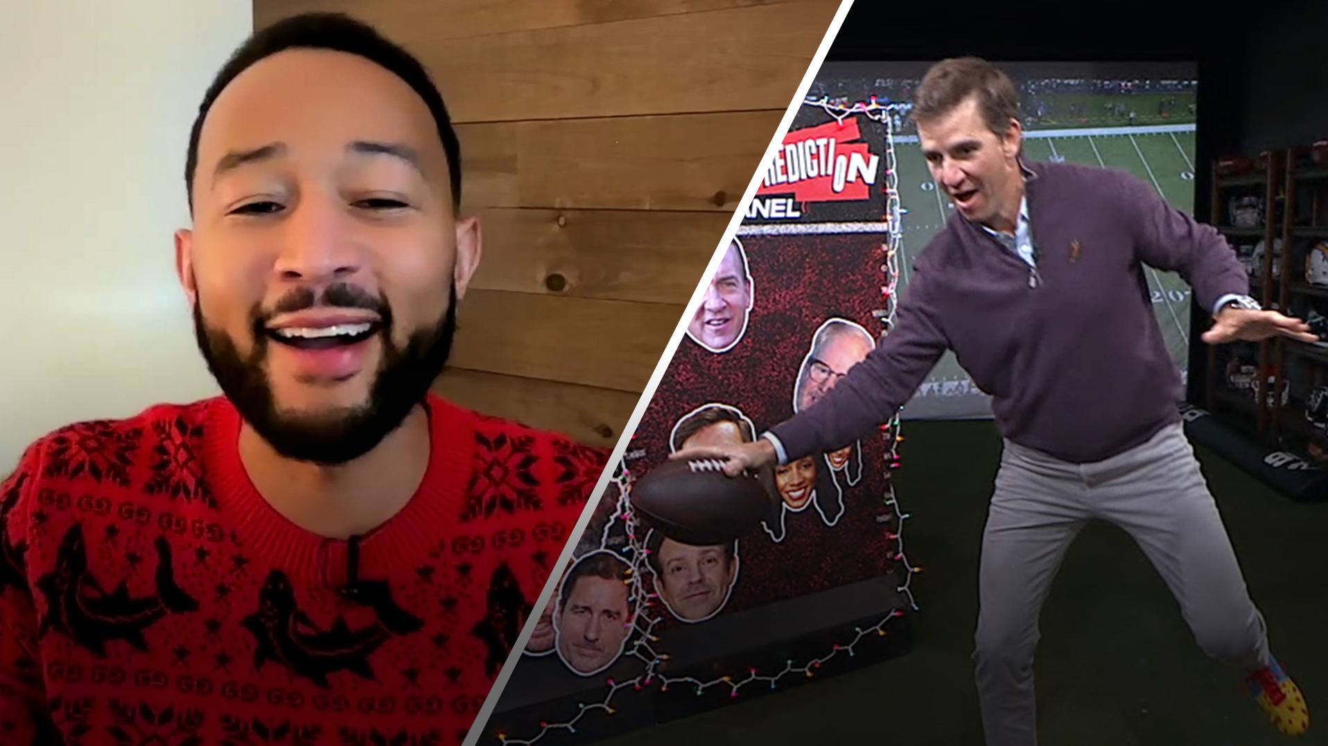 Eli shows off his 'Ickey Shuffle' to John Legend