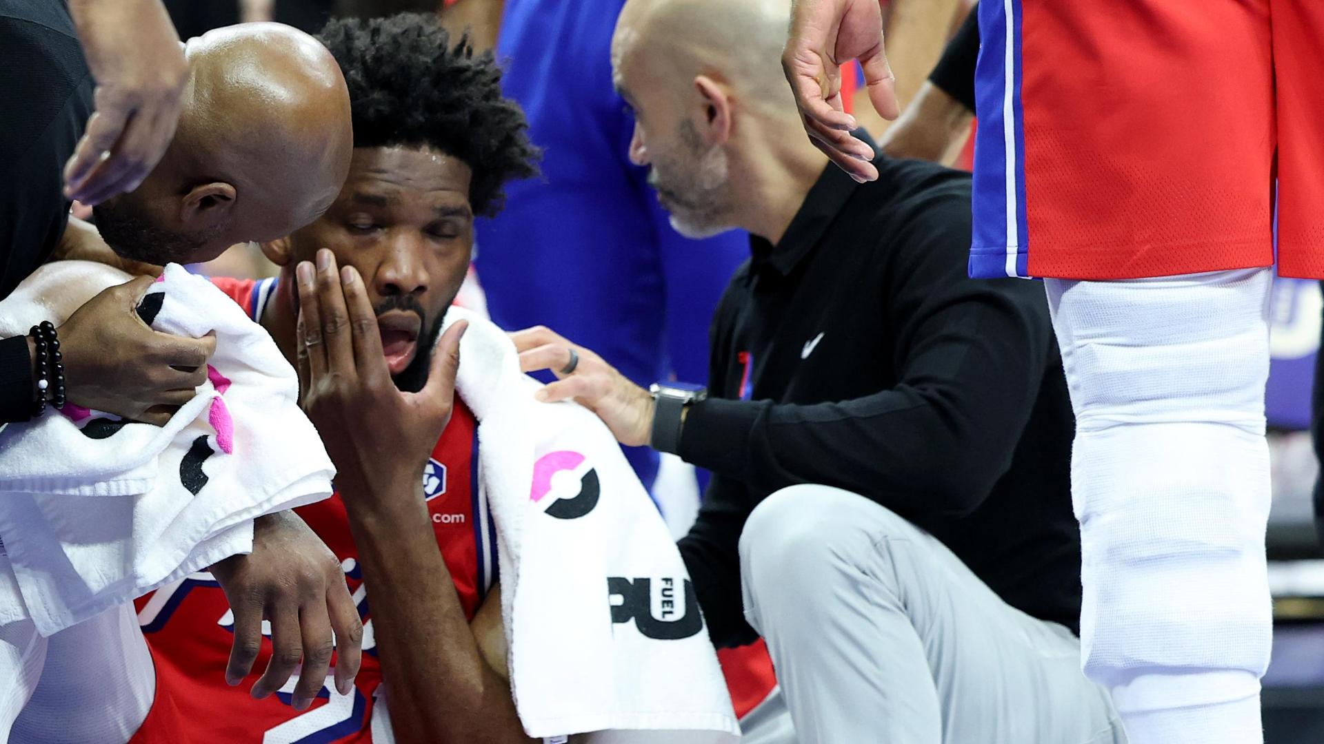 Embiid exits the game after being hit in the face before halftime