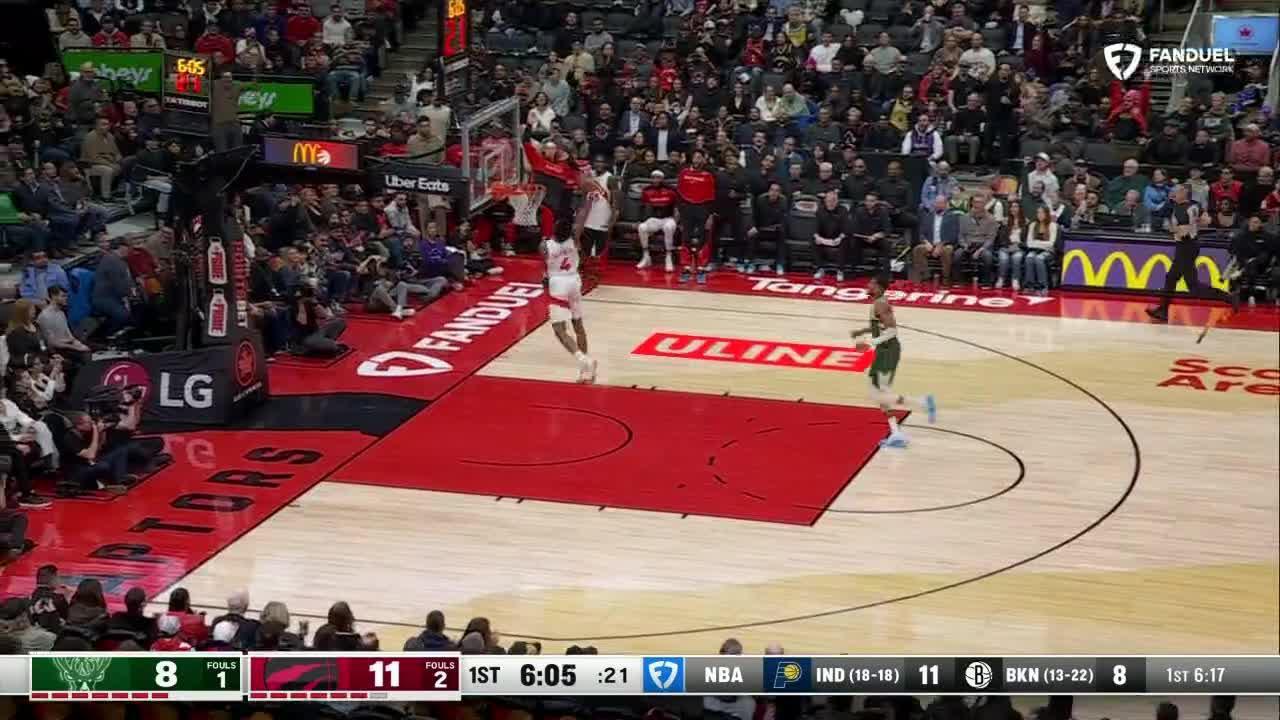 Scottie Barnes flies high for nice windmill slam