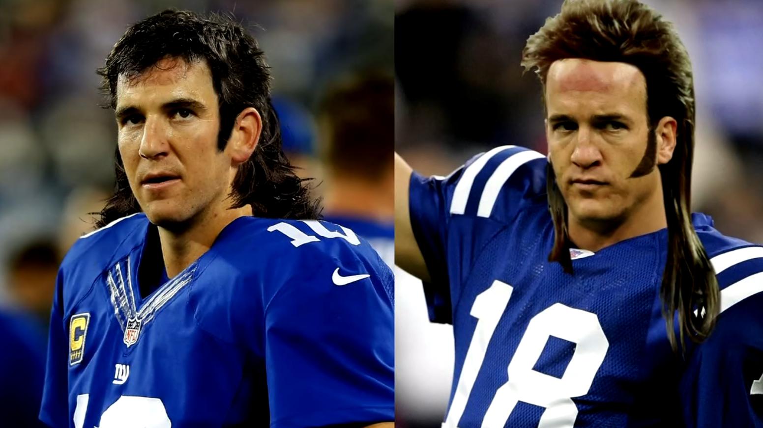 Peyton, Eli show off their mullets to Jared Allen