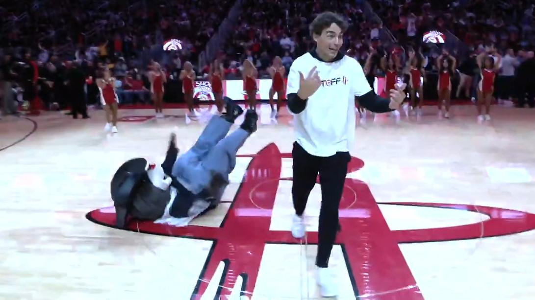 Rockets fan takes out mascot after sinking half-court shot for $25K