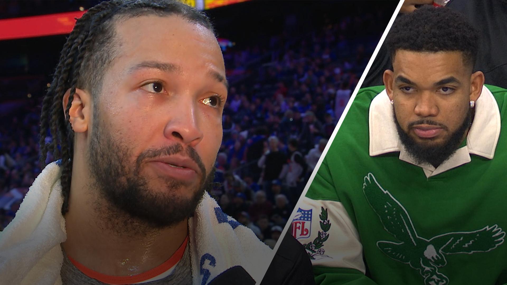 Jalen Brunson cosigns KAT wearing Eagles shirt in Philly