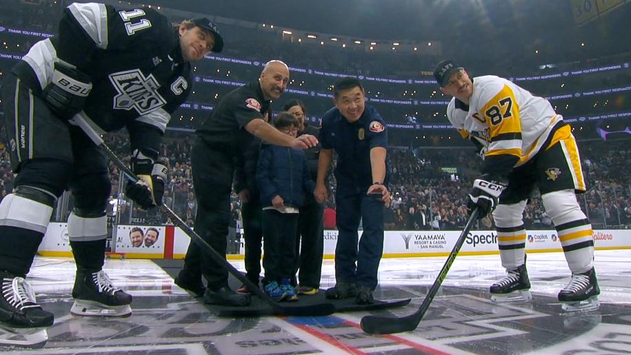 L.A. firefighters drop ceremonial puck before Kings-Penguins