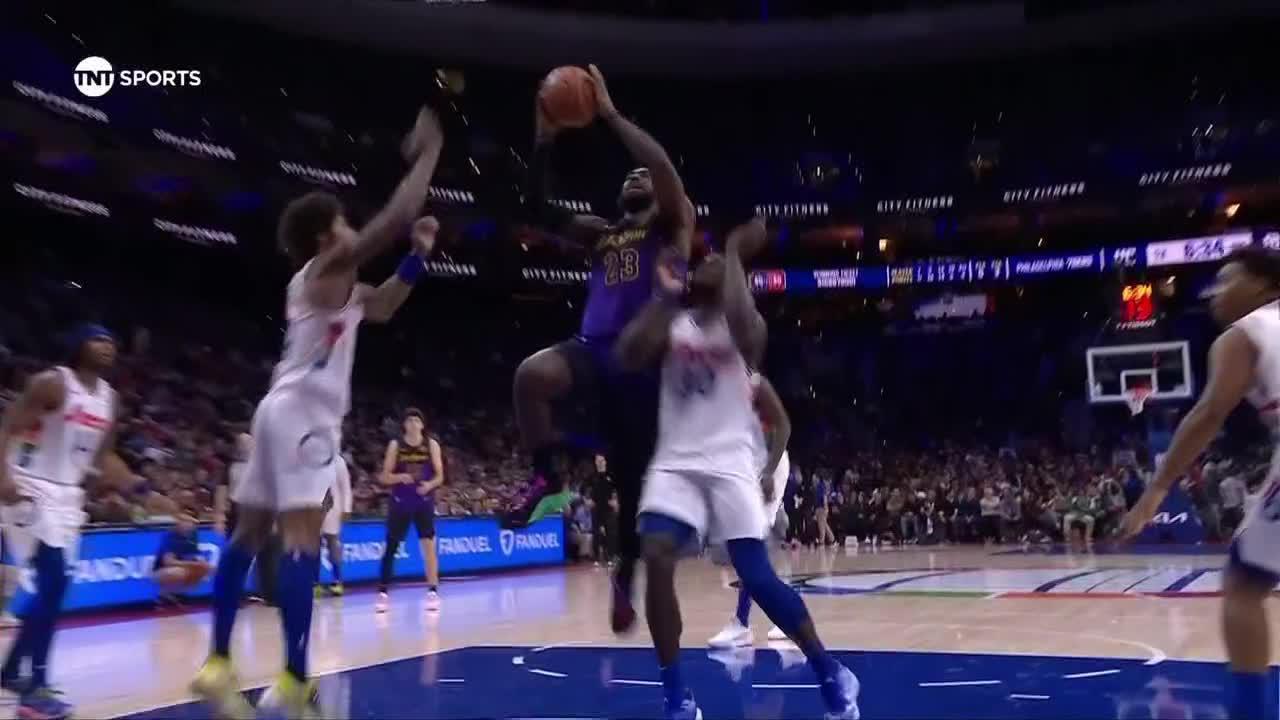 LeBron James muscles in and-1 for the Lakers