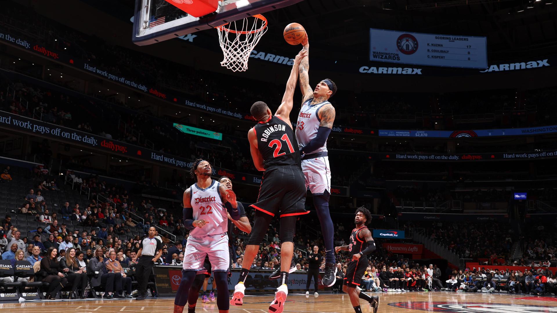 Kyle Kuzma gets up for the poster vs. Toronto