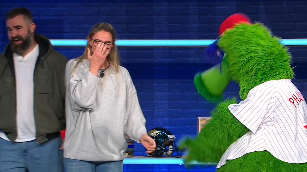 Kylie Kelce gets a surprise from the Phillie Phanatic