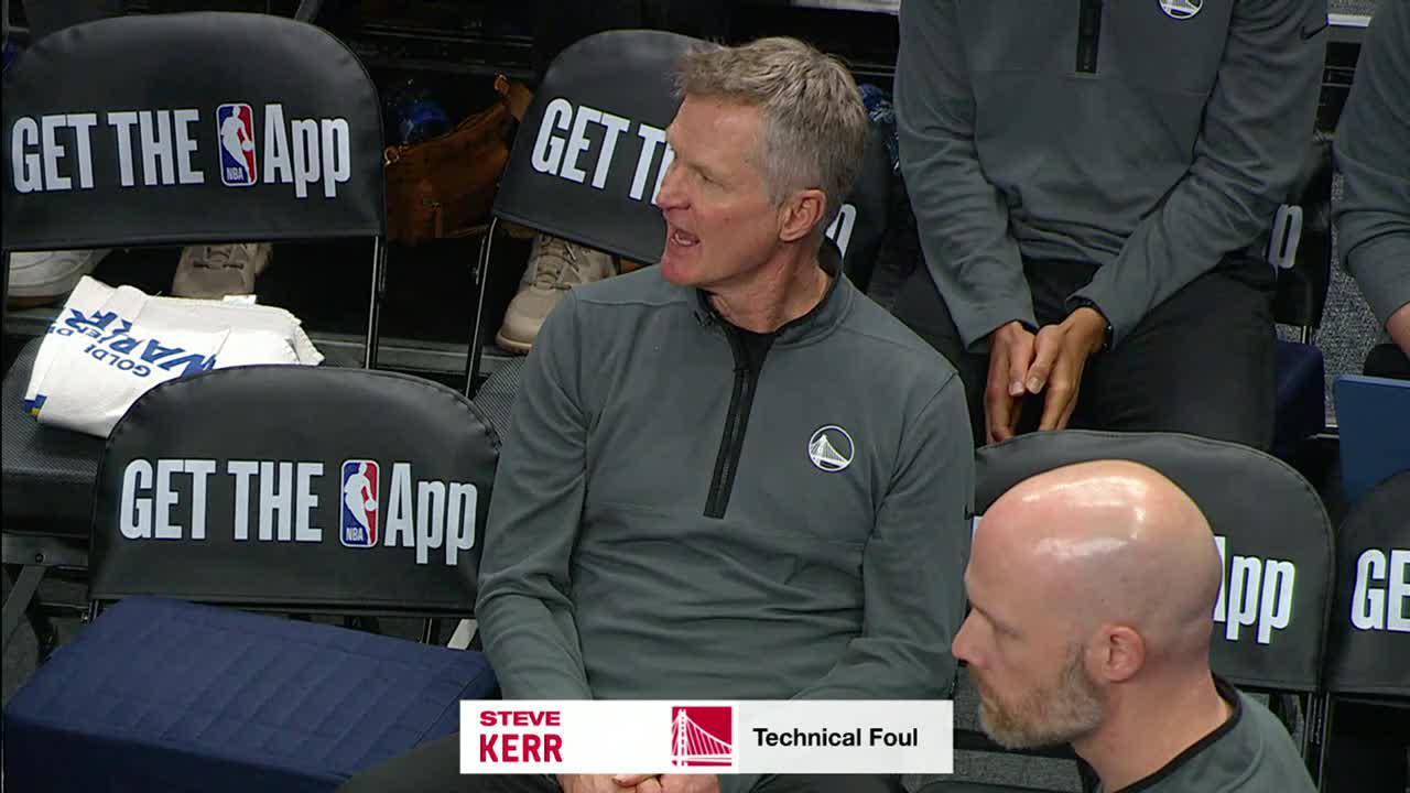 Steve Kerr is given a technical foul by the refs during a commercial break