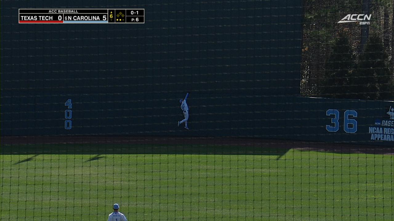 UNC center fielder leaps for a home run robbery