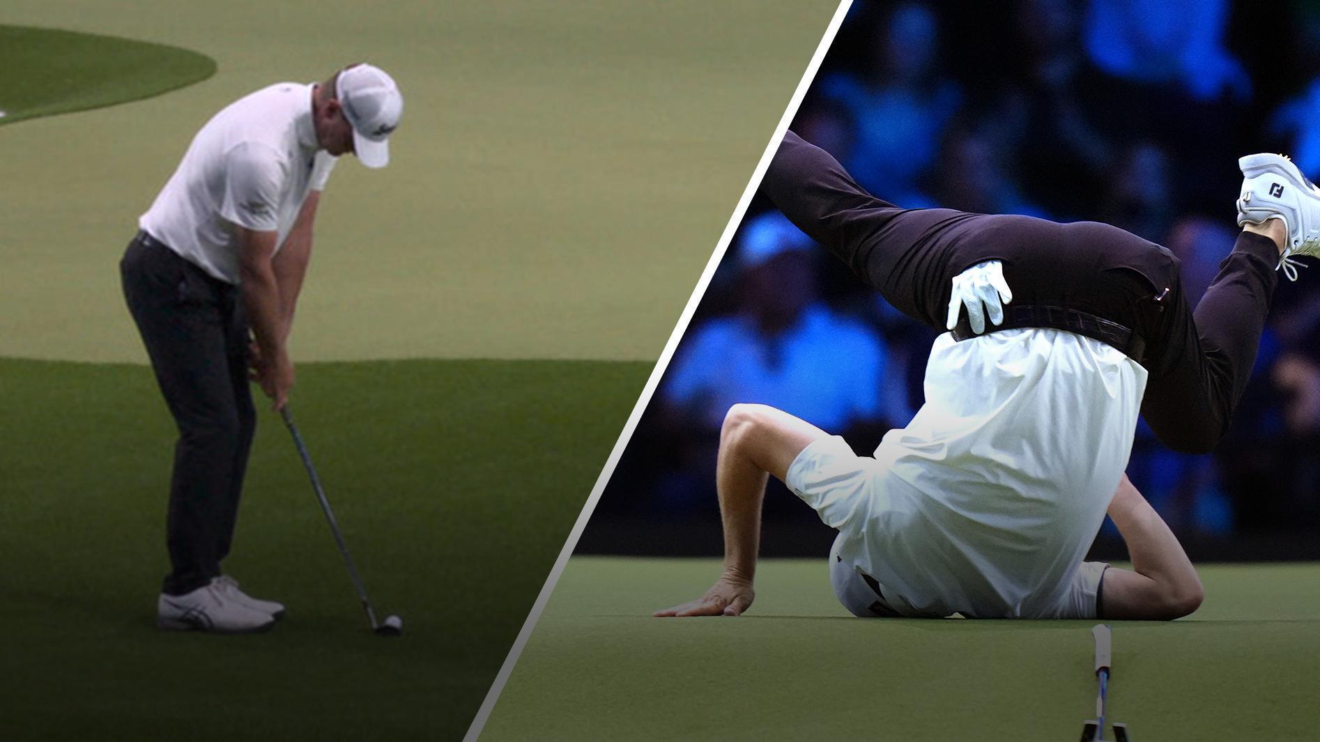 Justin Thomas somersaults after Lucas Glover's chip-in