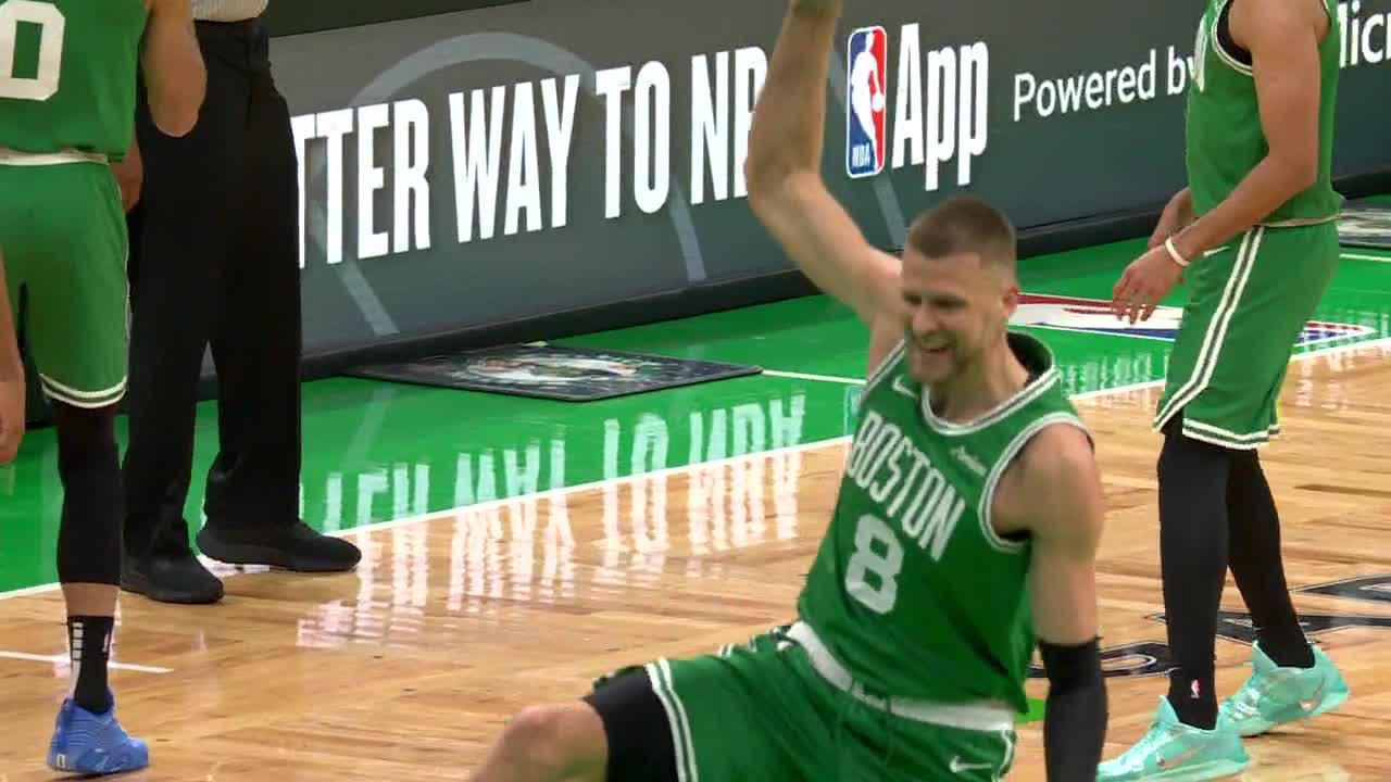 Porzingis does it on both ends with block and slam