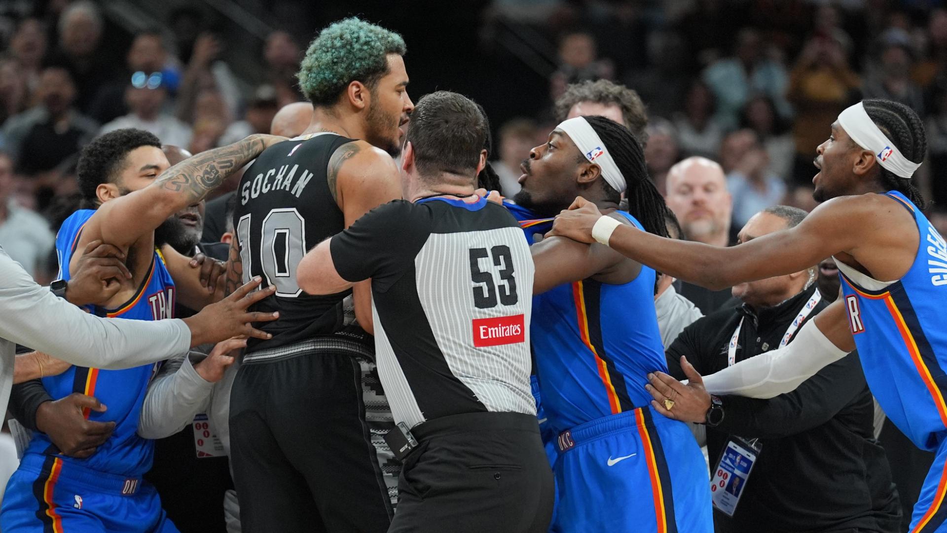 Three players ejected in Thunder-Spurs after scuffle