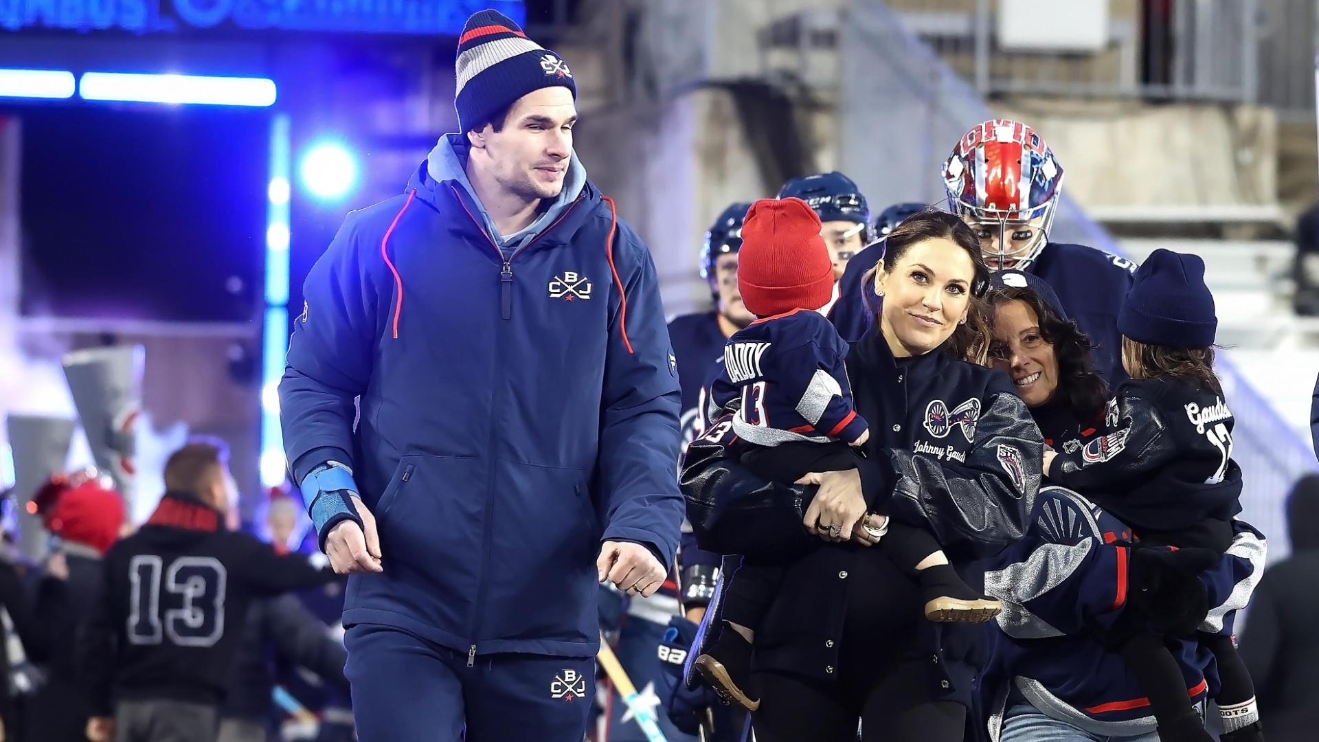 Gaudreau family walks out with Blue Jackets ahead of Stadium Series