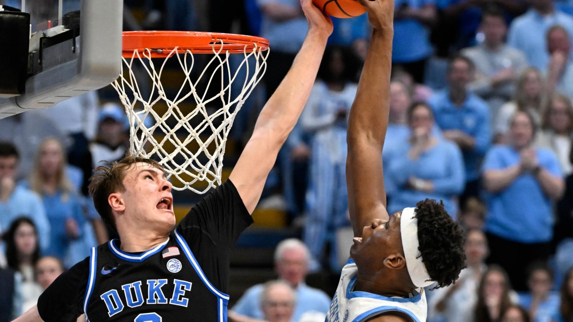 Duke's Cooper Flagg pumped up after block