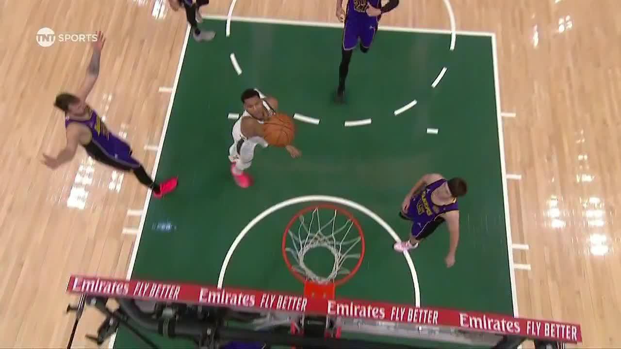 Giannis powers through Dorian Finney-Smith for an and-1