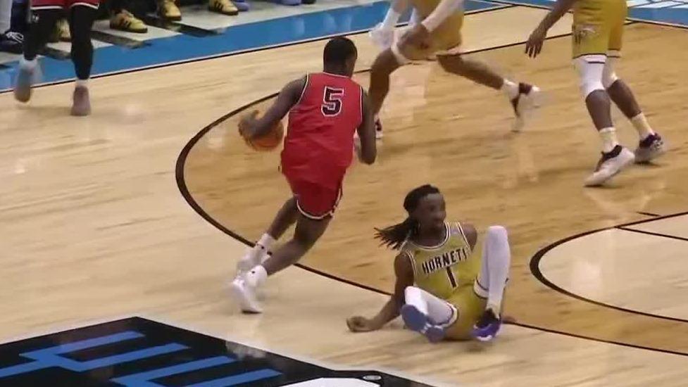 Daemar Kelly buries jumper after defender drops to floor