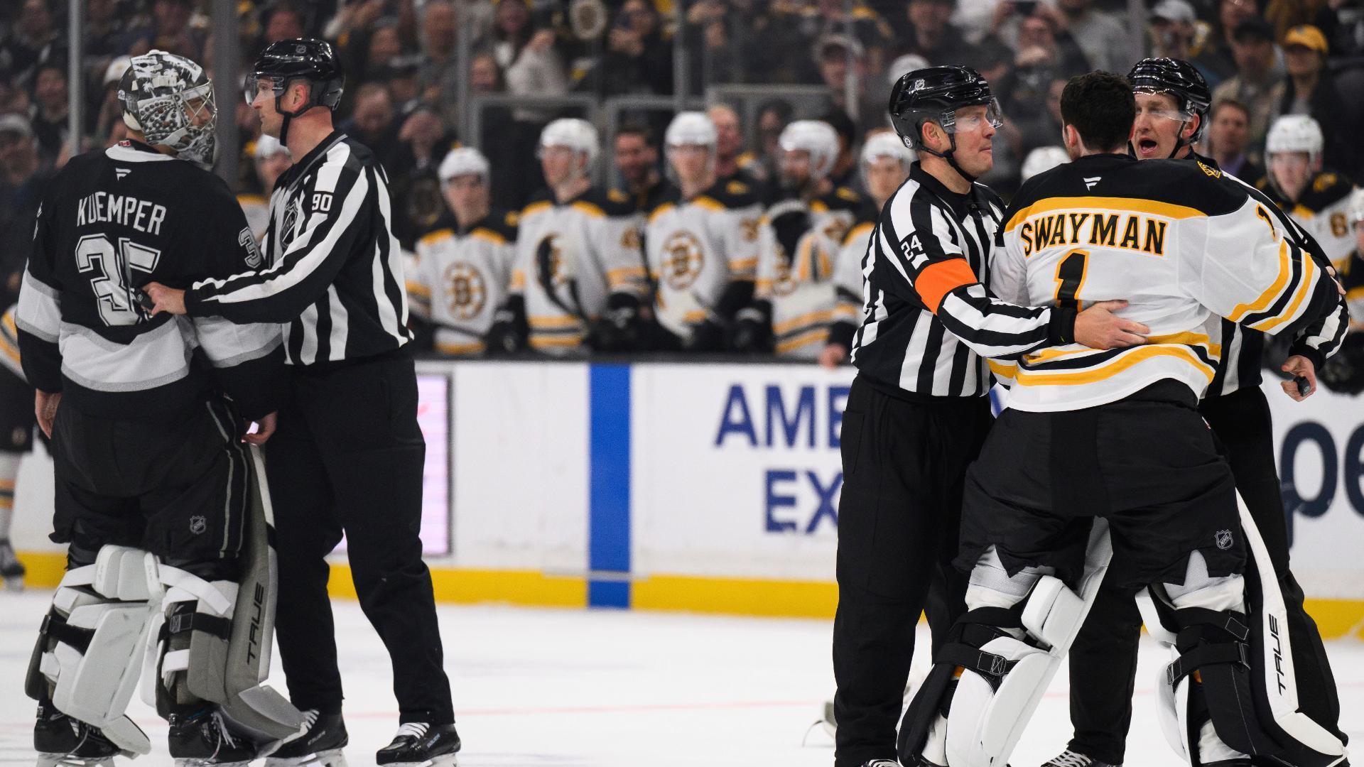 Bruins, Kings goalies separated before they can get physical