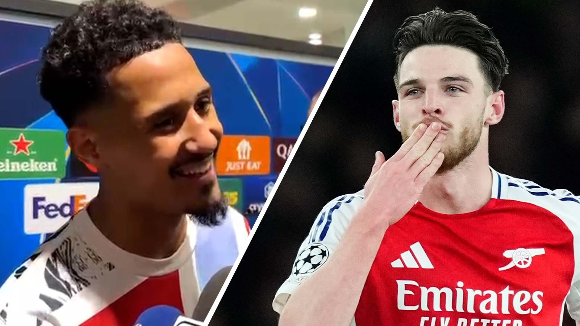Saliba jokes about Rice's training free kicks after stunners vs. Real Madrid